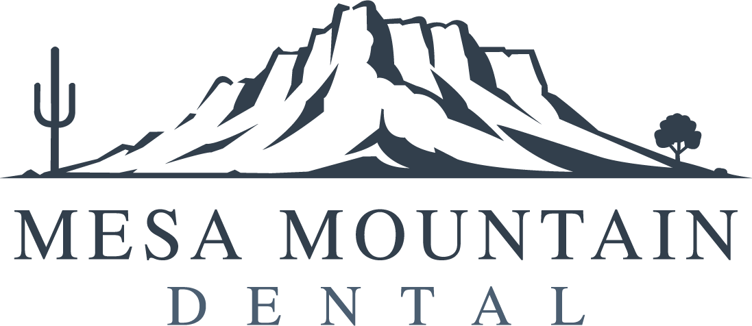 Mesa Mountain Dental logo: stylized mountain range with a cactus on the left, a small tree on the right, and the text 'MESA MOUNTAIN DENTAL' below.